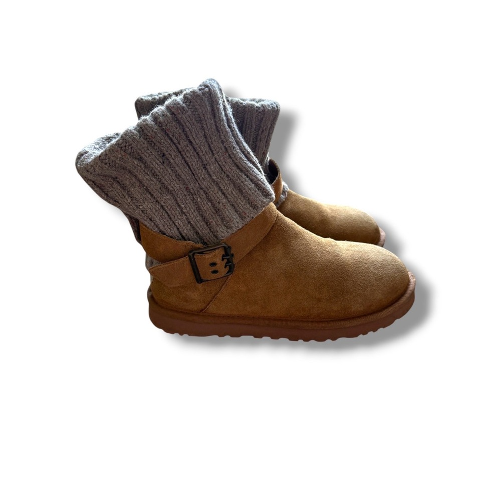 UGG Cambridge Boots Womens 7 Chestnut Suede Gray Knit Cuff Buckle 1003175
